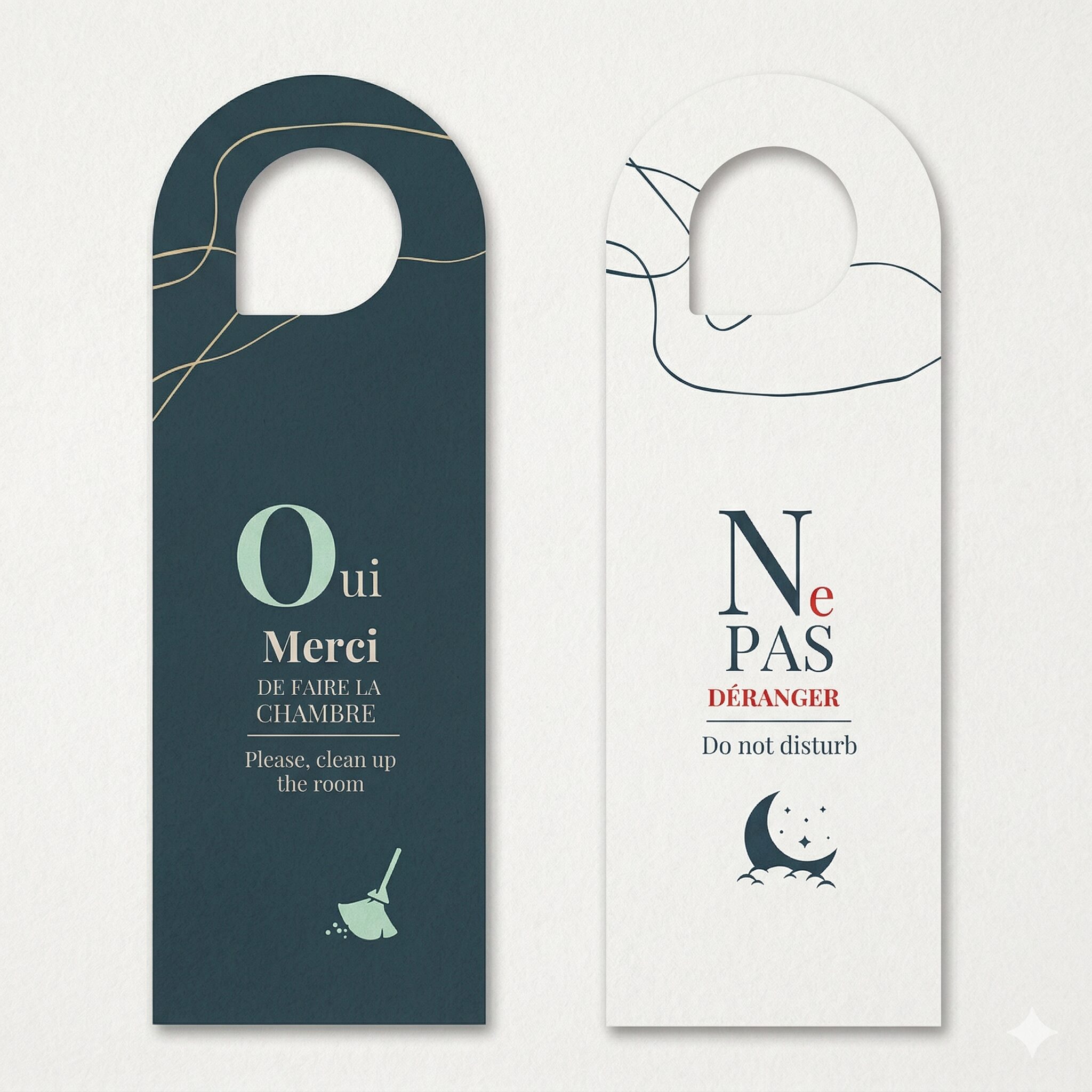 accrcohe-porte-modele accroche-portes de luxe modèle Intemporel pour hôtellerie et spa, recto bleu nuit "Oui merci de faire la chambre" et verso beige "Ne pas déranger", papier synthétique indéchirable.