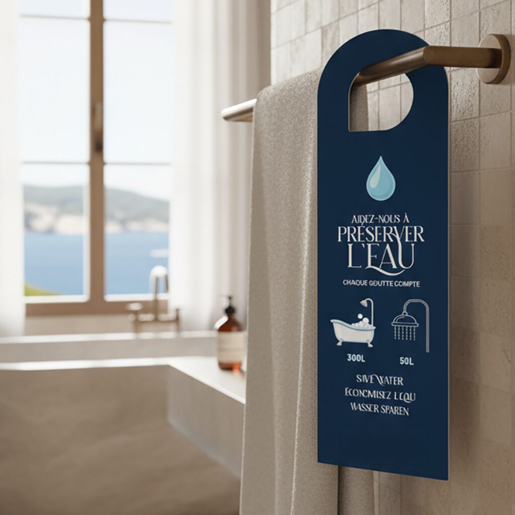 Accroche-porte synthétique indéchirable pour salle de bain d'hôtel, avec message éco-geste pour le changement des serviettes de bain et draps, 100% personnalisable.