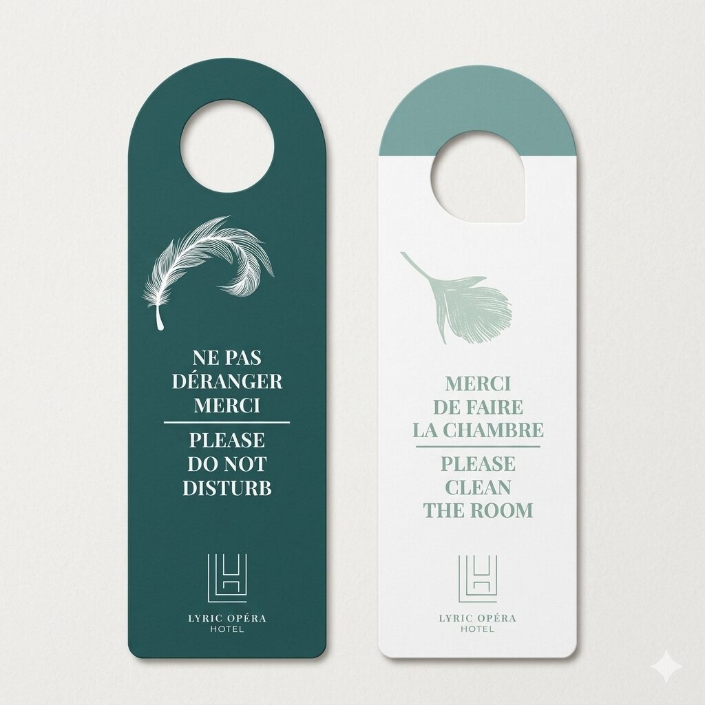 Accroche-porte hôtelier 100% personnalisable imprimé sur papier rigide 350g, exemple de design moderne avec logos et textes sur mesure pour chambre d'hôtel