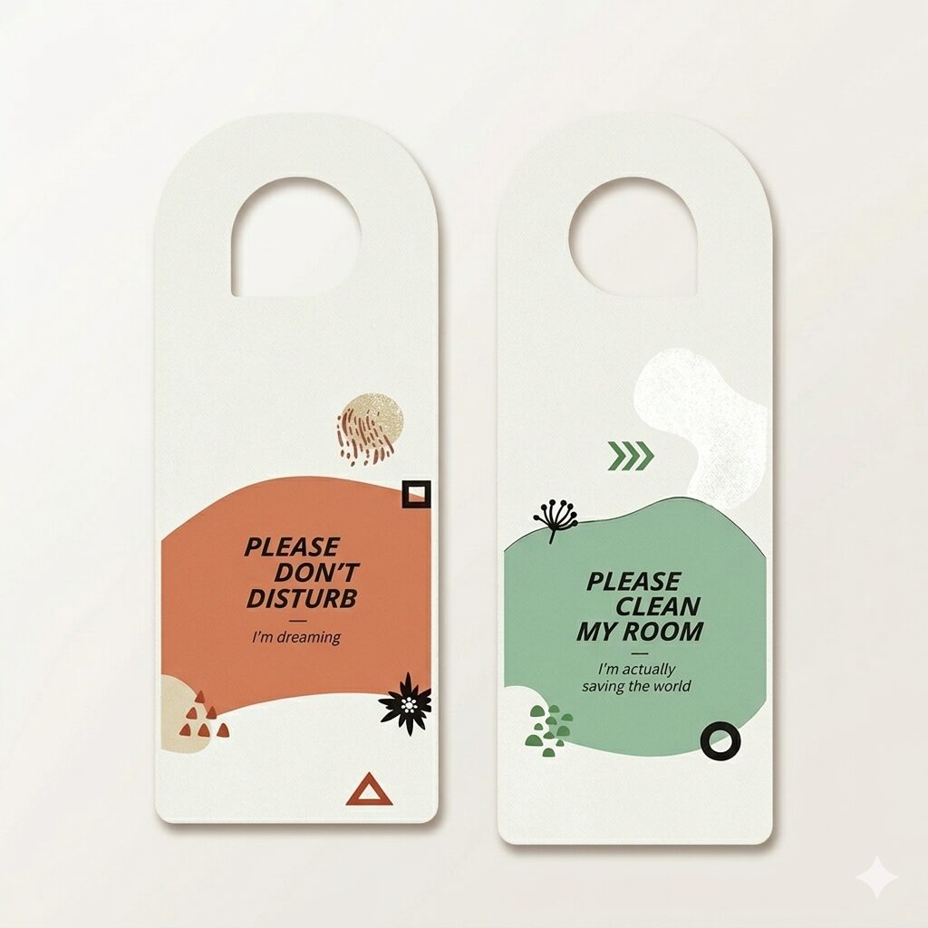 accroche-porte-personnalise-hotel Accroche-porte hôtelier personnalisé en papier synthétique 350g indéchirable et imperméable, design sur mesure pour environnements humides comme le spa ou la salle de bain.