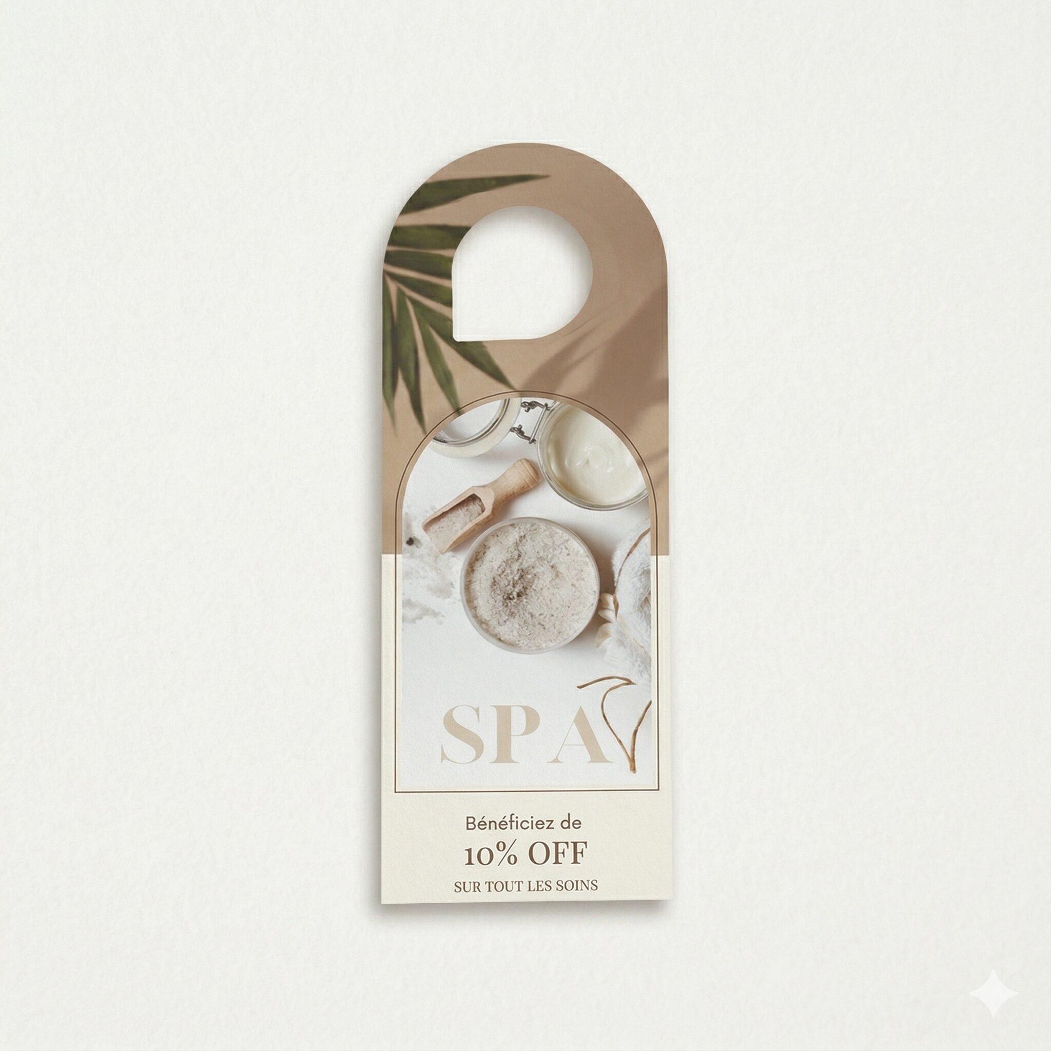 accroche-porte-promotionnel Accroche-porte publicitaire personnalisé pour hôtel et spa, design élégant avec offre promotionnelle de 10% sur les soins, impression haute qualité.