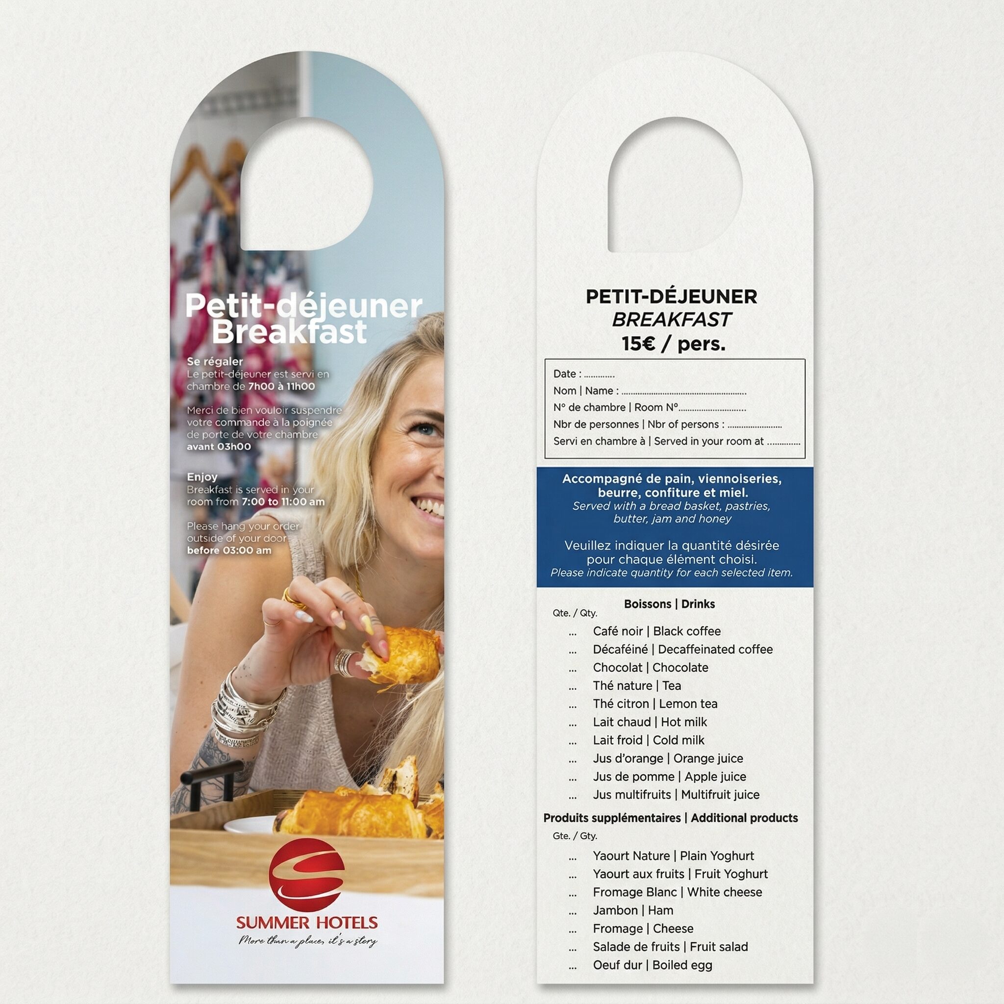 acp-petit-dejeuner-hotel Accroche-porte de commande petit-déjeuner en chambre, modèle papier personnalisable avec formulaire, idéal pour le Room Service en hôtellerie.