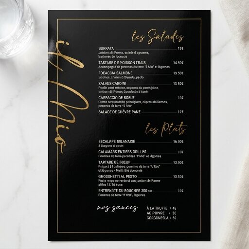 carte-menu-simple-personnalise-restaurant Impression de menu carte simple personnalisé noir et or avec finition vernis pour restaurant et bar